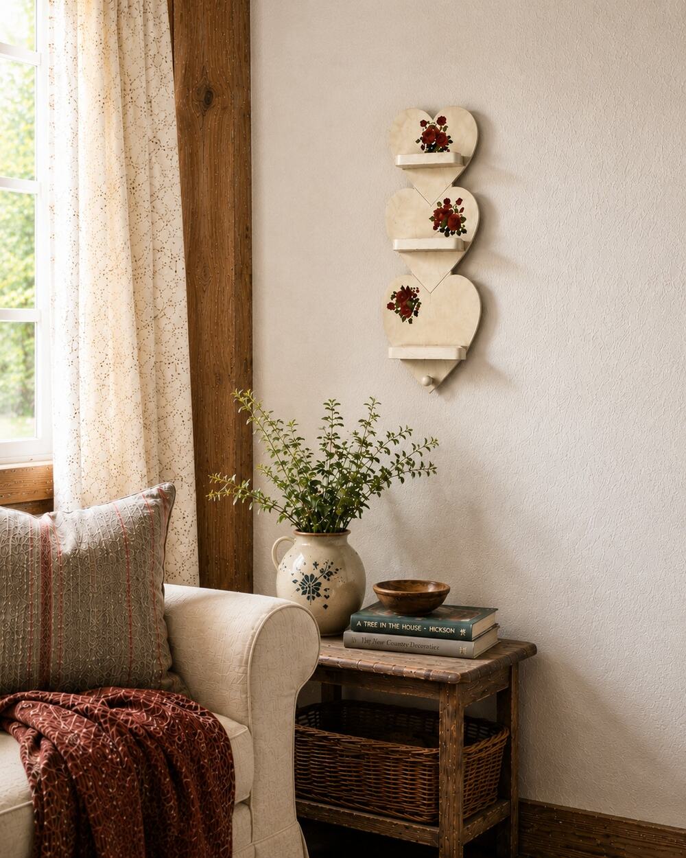 Vintage 3 Tier Wooden Heart Shelf w/ Roses Farmhouse Cottagecore Country